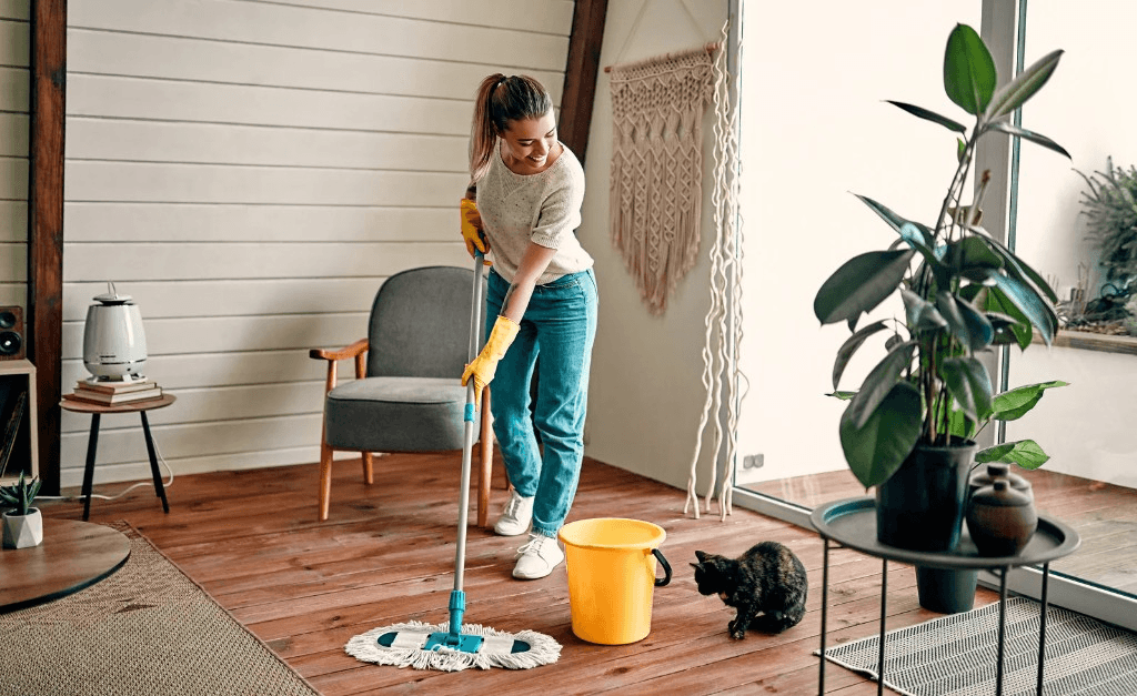 Woman mopping a hardwood floor in a bright living room